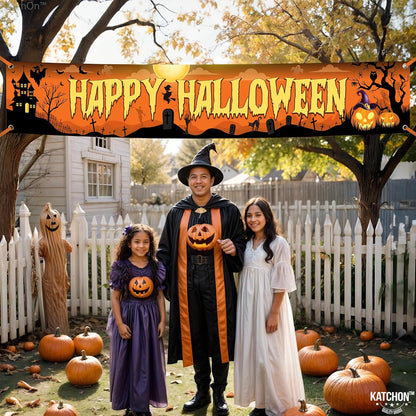 Katchon Happy Halloween Banners For Outside- Orange And Black Yard Sign