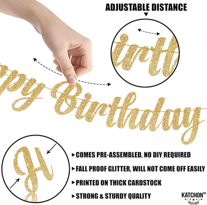 KatchOn, Glitter Gold Happy Birthday Banner Prestrung - 10 Feet, NO DIY | Gold Happy Birthday Sign | Glitter Gold Birthday Banner for Gold Birthday Decorations | Happy Birthday Decorations for Women