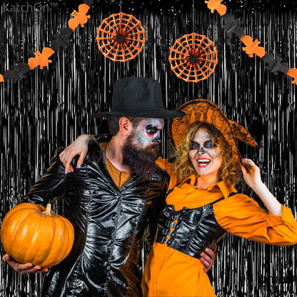 KatchOn XtraLarge Black Streamers - 3.2x8 Feet, Pack of 2 | Fringe Backdrop for Black Party Decorations | Tinsel Backdrop for Birthday, Bachelorette, Anniversary, | New Years, Halloween Decorations