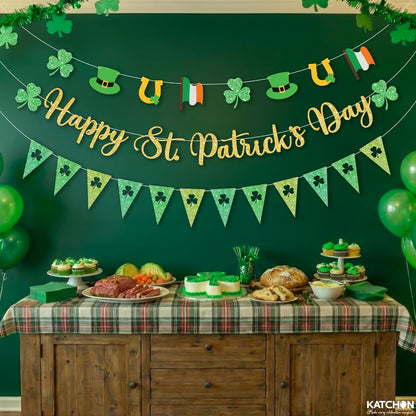 KatchOn, Glitter Gold Happy St. Patrick's Day Banner - 3 Strings, Pre-Strung, 10 Ft | St Patrick's Day Banner with Leprechaun Hat and flag Garland for St Patricks Day Decorations, Shamrock Decorations