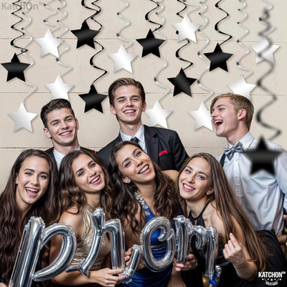 KatchOn, Black and Silver Star Hanging Swirls- Pack of 32 | Black and Silver Party Decorations | Birthday Party Decorations, Star decor for party | Graduation Decorations 2025