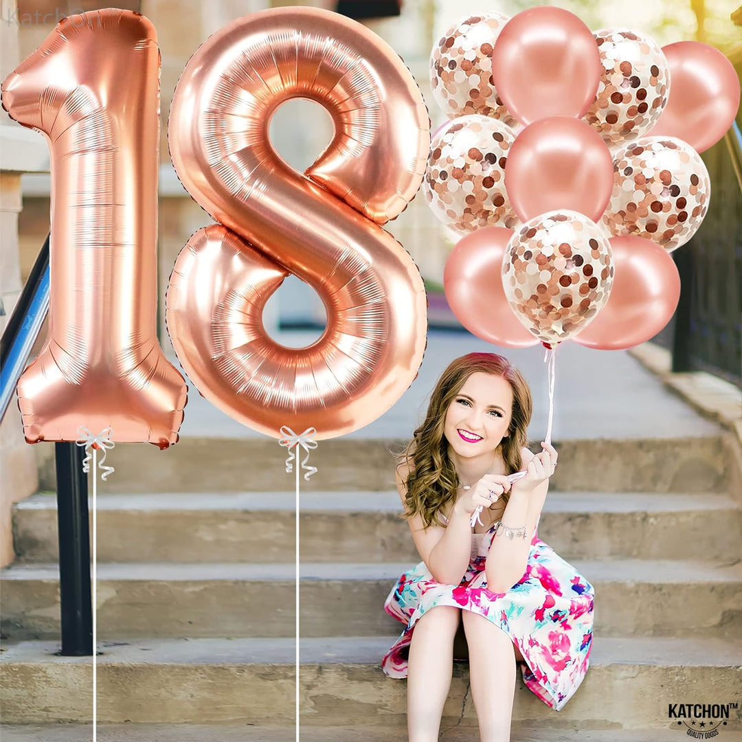 KatchOn, Rose Gold 18 Balloon Numbers - 40 Inch | 18th Birthday Balloons with Confetti Balloons | Rose Gold 18th Birthday Decorations for Girls | 18th Balloon Numbers, Happy 18th Birthday Decorations