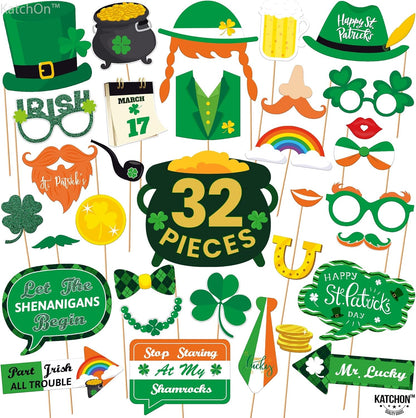 KatchOn, St Patricks Day Photo Props - Pack of 32 | St Patricks Day Photo Booth Props | St Pattys Day Selfie Props | St Patricks Day Decorations | St Patricks Photo Props for Shamrock Decorations