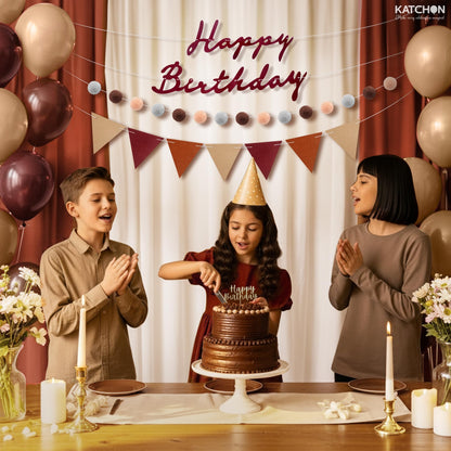 KatchOn, Burgundy Felt Happy Birthday Banner Set  Pre Strung, 10 Feet, No DIY | Reusable, Triangle Flag Banner & Pom Pom Garland | Burgundy Birthday Decorations for Women Men | Boho Party Decorations