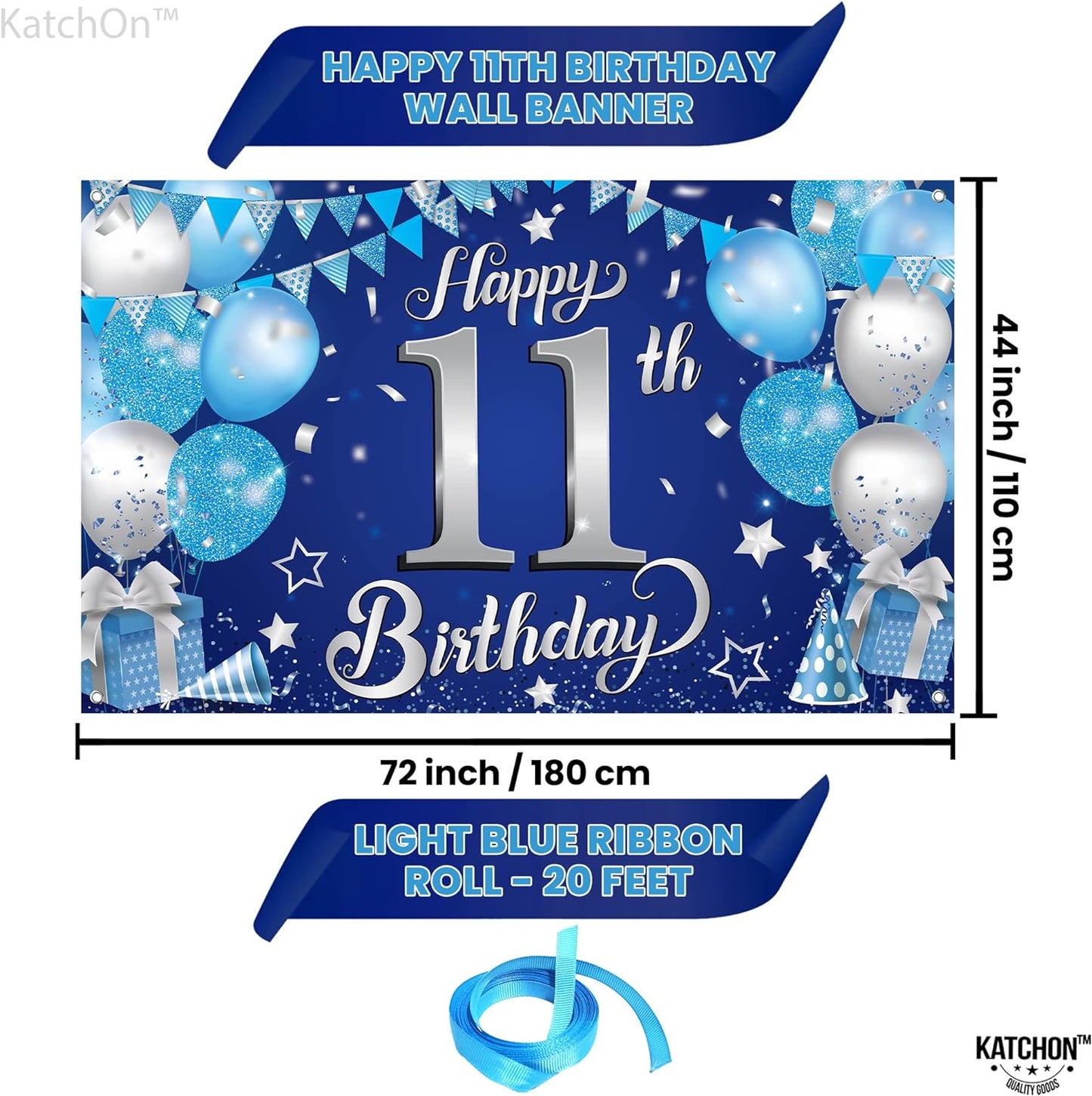 KatchOn, Blue, Silver Happy 11th Birthday Banner - Large, 72x44 Inch | 11th Birthday Decorations for Girls | 11th Birthday Banner, 11 Year Old Birthday Decorations | 11th Birthday Decorations for Boys