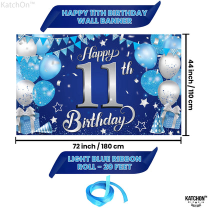 KatchOn, Blue and Silver 11th Happy Birthday Banner - Large, 72x44 Inch | 11th Backdrop Banner for Happy Birthday Decorations | Party Decorations for Boys, 11 Birthday Decorations for Boys