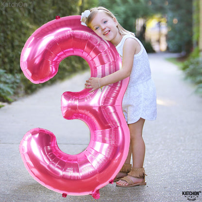 KatchOn, Giant Hot Pink Number 3 Balloon - 40 Inch | Number 3 Foil Balloon | 3rd Pink Birthday Decorations for Girls | 3rd Anniversary Decorations | Pink Party Decorations