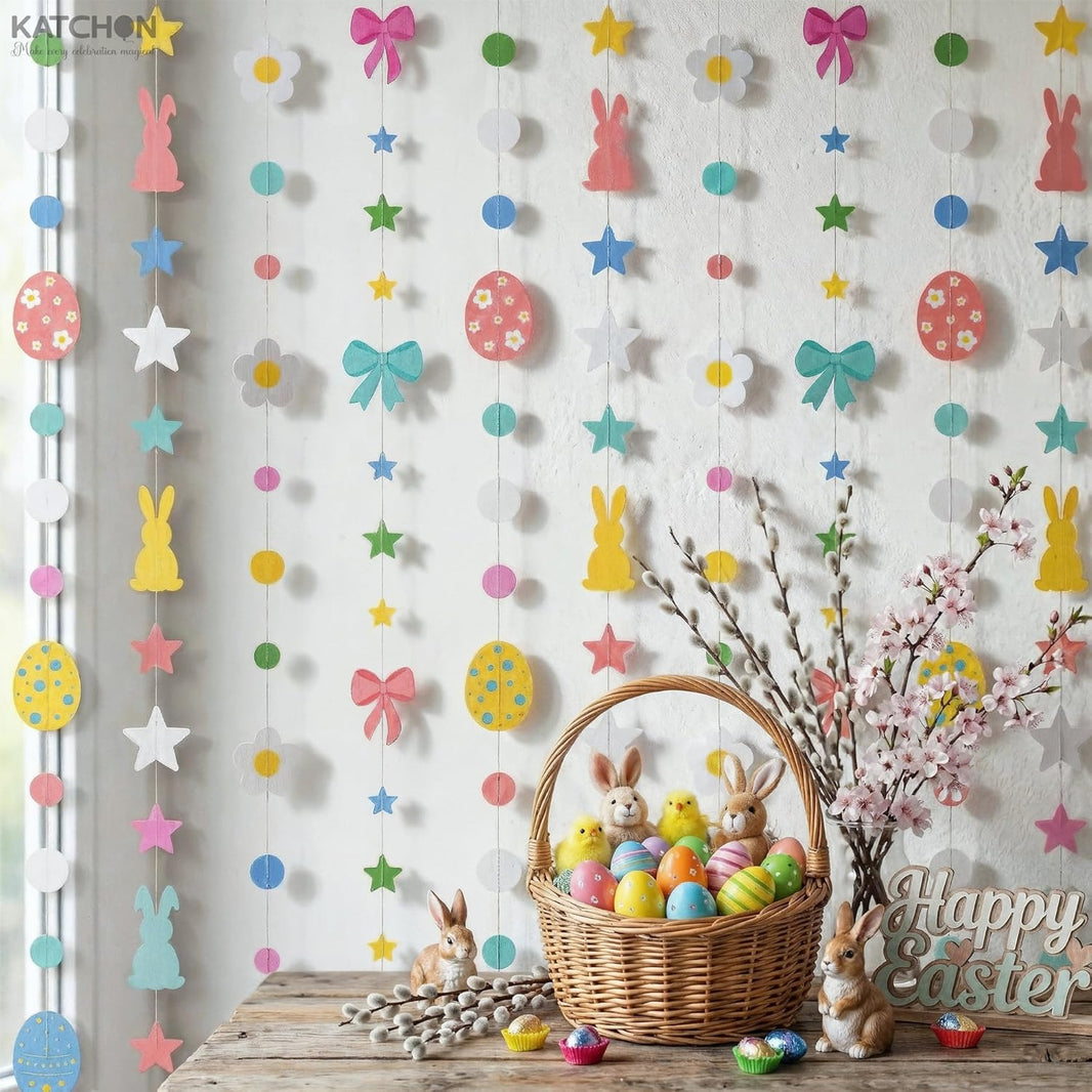 katchon easter garland 3 2 feet 10 strings no diy easter decorations for home easter banner with bunny egg flowers bow colorful hanging garland party decorations