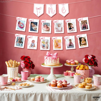 KatchOn, Pink Bow One Birthday Photo Banner - 2 Strings, 10 Feet | Pre Strung 1-12 Month Photo Banner for 1st Birthday Decorations | Bow Party Decorations