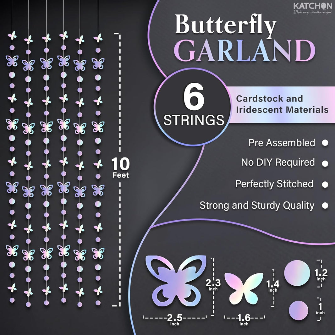 KatchOn Iridescent Butterfly Garland - Pack of 6, 10ft | Preassembled Garland for Birthday Decorations | Butterfly Wall Decor, Butterfly Decorations | Iridescent Backdrop for Bachelorette Party