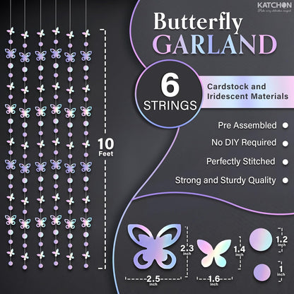 KatchOn Iridescent Butterfly Garland - Pack of 6, 10ft | Preassembled Garland for Birthday Decorations | Butterfly Wall Decor, Butterfly Decorations | Iridescent Backdrop for Bachelorette Party