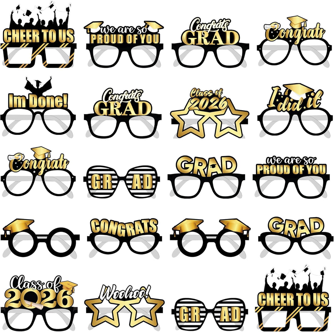KatchOn Black & Gold Graduation Glasses - Pack of 20, Class of 2026 Photo Props, Graduation Party Favors, Graduation Decorations 2026
