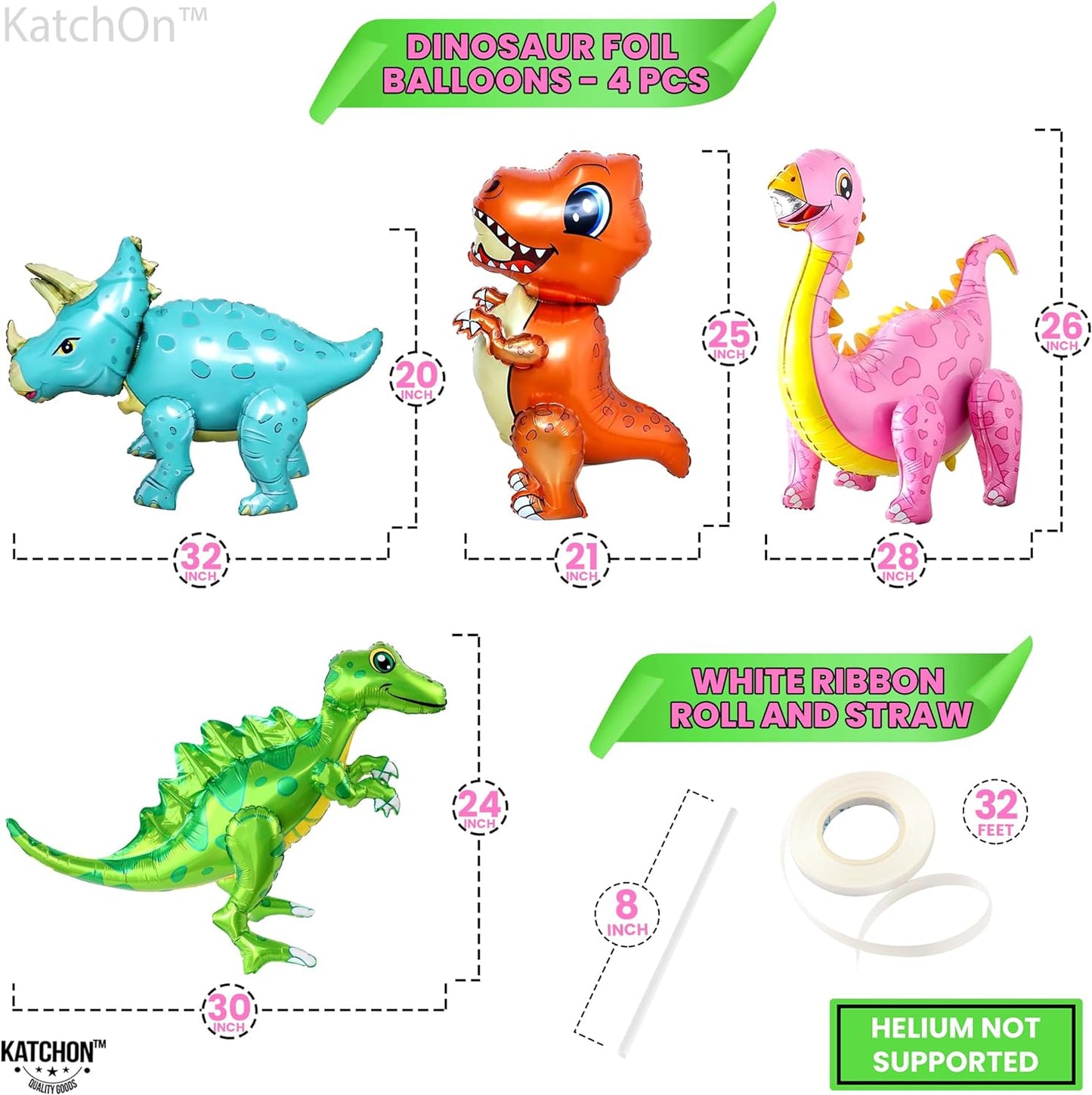 KatchOn, Large Dinosaur Balloons for Birthday Party - Pack of 4, Dinosaur Balloon | Dino Balloons for Dinosaur Party Decorations | Dinosaur Birthday Party Supplies | Girl Dinosaur Party Supplies