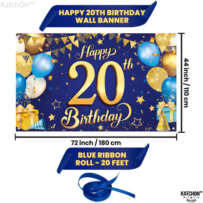 KatchOn, Blue and Gold 20th Happy Birthday Banner - 72x44 Inch | 20th Birthday Backdrop, 20th Birthday Decorations for Men | 20 Year Old Birthday Decorations | 20th Blue and Gold Birth day Decorations