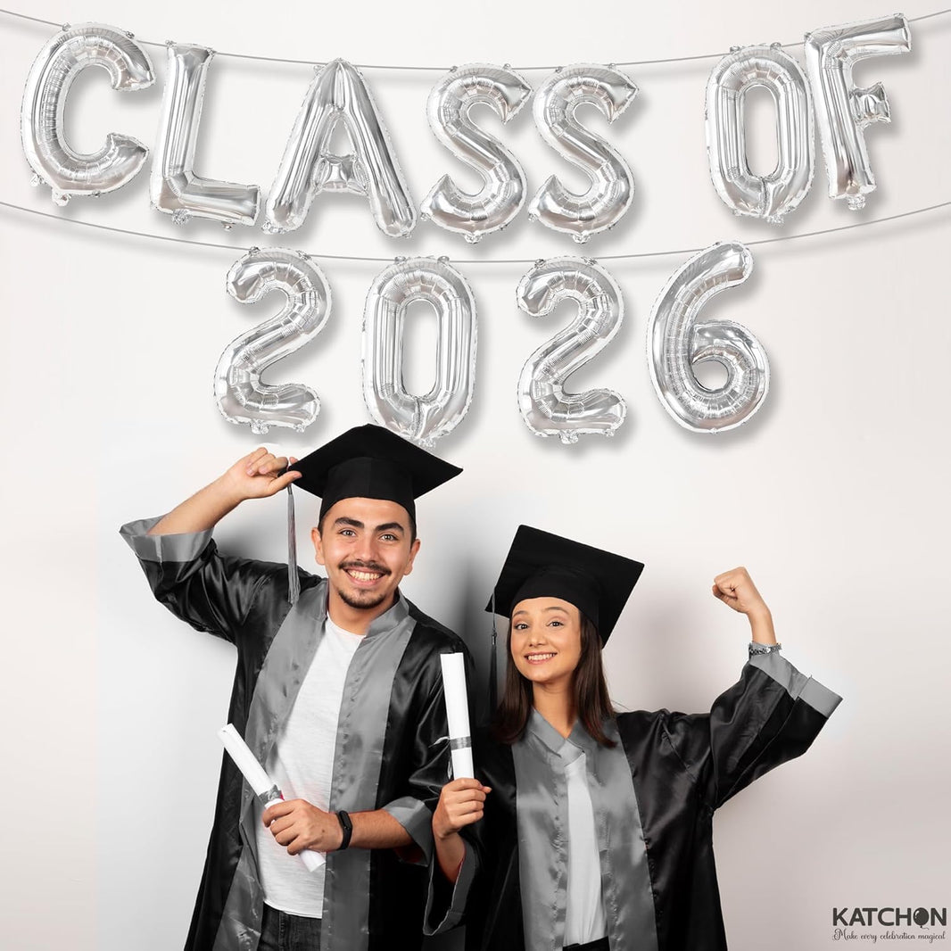 Graduation Decorations 2026 | Silver Class of 2026 Balloons - 16 Inch | Graduation Balloons Banners | Silver Graduation Decorations | Class of 2026 Banner for Class of 2026 Decorations, KatchOn
