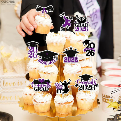 Graduation Decorations 2026 | Purple and Black Graduation Cake Topper 2026 - Pack of 36 | Graduation Cupcake Toppers 2026 for Graduation Decorations 2026, Dessert Toppers Grad, KatchOn