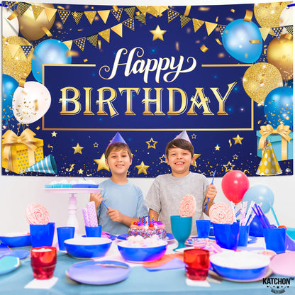 KatchOn, XtraLarge Gold and Blue Happy Birthday Banner - 72x44 Inch | Blue and Gold Birthday Backdrop for Happy Birthday Decorations | Party Decorations for Men and Women