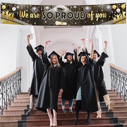 KatchOn, XtraLarge Black We Are So Proud of You Banner - 120x20 Inch | Graduation Decorations 2026 | Black and Gold Graduation Yard Banner for Outdoor Grad Decorations 2026 | 2026 Graduation Banner