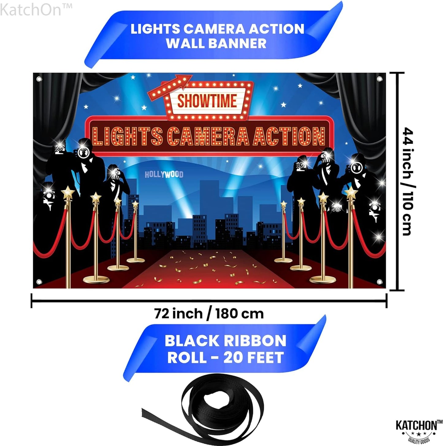 KatchOn, Large Lights Camera Action Backdrop - 72x44 Inch | Lights Camera Action Decorations | Hollywood Theme Party Decorations | Hollywood Backdrop for Oscar Party Decorations | Red Carpet Backdrop