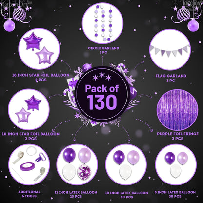 KatchOn, Purple Decorations Arch Set - Pack of 130 | Star Balloons, Fringe, Paper Fans, Swirls, latex Balloons for Graduation Decorations | Purple Birthday Decorations, Anniversary Decorations