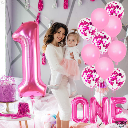 KatchOn, Hot Pink 1 Balloons for 1st Birthday - 40 Inch, Pack of 12 | Pink 1 Number Balloon, Pink First Birthday Decorations for Girl | Pink Party Decorations