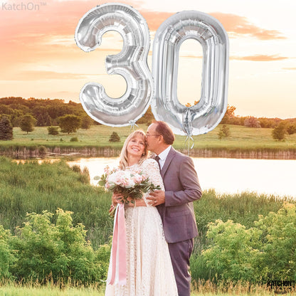 KatchOn, Silver 30 Balloon Numbers - 40 Inch | 30 Number Balloons | 30th Birthday Decorations for Her, Him | 30th Anniversary Decorations | Silver Birthday Decorations