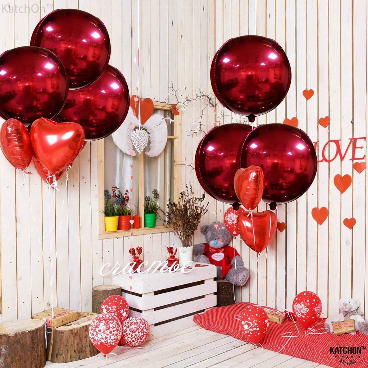 KatchOn, Big Red Metallic Balloons - 22 Inch, Pack of 6 | 360 Degree 4D Burgundy Foil Balloons, Vampire Balloons | Chrome Red Balloons, Red Marble Balloons for Red Party Decorations | Maroon Balloons