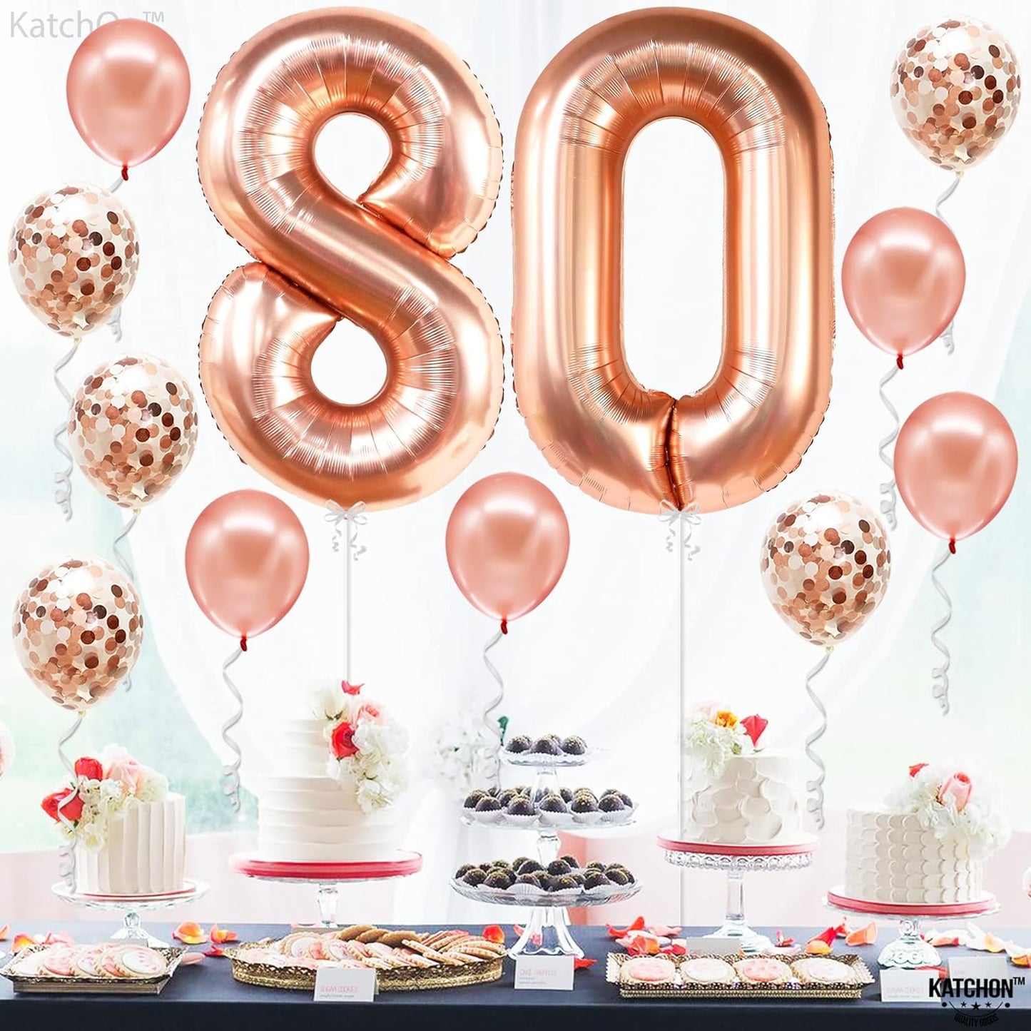 KatchOn, 80th Birthday Decorations for Women - 40 Inch | Rose Gold 80 Balloon Numbers | Rose Gold 80th Birthday Balloons with Confetti | 80 Balloons Rose Gold for 80 Birthday Decorations for Women