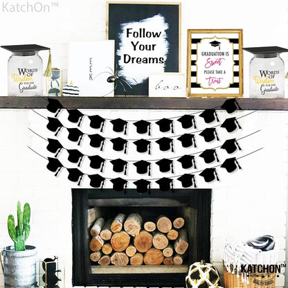 KatchOn, Felt Black Graduation Cap Garland - 4 String | Grad Garland Class of 2026, Grad Decor Class of 2026 | Black 2026 Grad Party Decorations, Graduation Decorations 2026