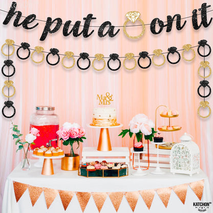KatchOn, He Put a Ring On It Banner - 10 Feet, No DIY | Black and Gold Engagement Party Decorations | He Put A Ring On It Sign for Bachelorette Party Decorations, Bridal Shower Decorations
