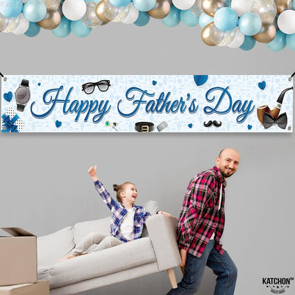 KatchOn, Happy Fathers Day Banner - XLarge, 120x20 Inch | Blue Happy fathers Day Yard Banner | Happy Fathers Day Decorations for Party | Happy Father's Day Backdrop for Father's Day Party Decorations