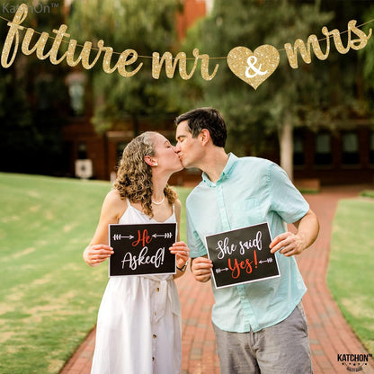 KatchOn, Gold Glitter Future Mr & Mrs Banner - 10 Feet, Pre-Strung, No DIY | Future Mr and Mrs Banner | Engagement Party Decorations | Mr And Mrs Sign for Wedding Decorations | Bachelorette Party