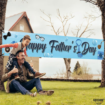 KatchOn, Happy Fathers Day Banner - XtraLarge, 120x20 Inch | Happy Fathers Day Yard Banner, Happy Fathers Day Decorations for Party | Happy Fathers Day Backdrop, Blue Father's Day Decorations Outside