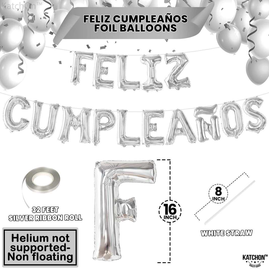 KatchOn, Silver Feliz Cumpleanos Balloons Banner - 16 Inch | Silver Feliz Cumpleanos Banner for Feliz Cumpleanos Decorations | Mylar Happy Birthday Balloon Letters for Spanish Birthday Decoration