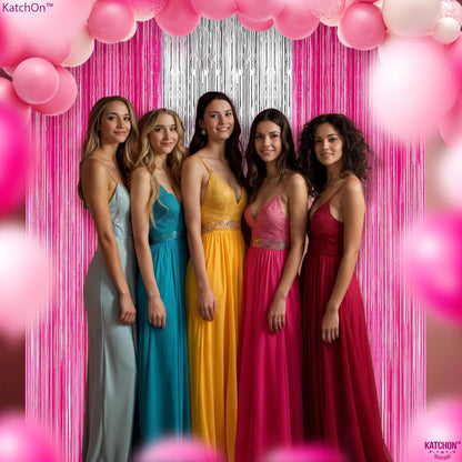 KatchOn, Hot Pink and Silver Fringe Backdrop - XtraLarge, 3.2x8 Feet, Pack of 3 | Silver & Pink Backdrop for Birthday Party Decorations, Bachelorette Party Decorations | Graduation Decoration 2025