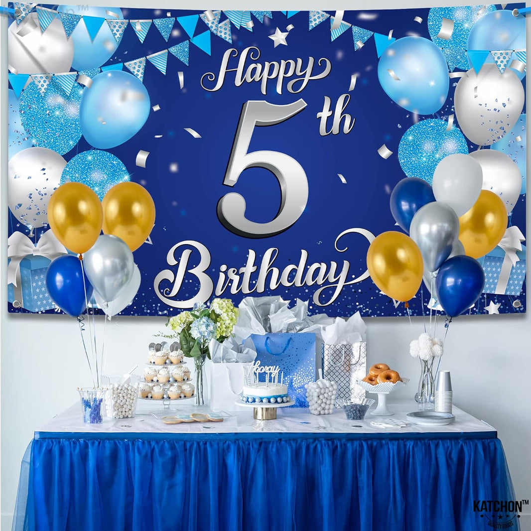 KatchOn, Happy 5th Birthday Banner - XtraLarge, 72x44 Inch | Blue 5th Birthday Party Decorations | 5th Birthday Decorations | Blue and Silver Toddler Birthday Decorations for 5 Birthday Decorations