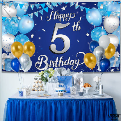 KatchOn, Happy 5th Birthday Banner - XtraLarge, 72x44 Inch | Blue 5th birthday Decorations | Blue and Silver Toddler Decorations for 5 birthday Decoration