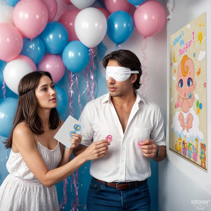 KatchOn, Pin the Pacifier Baby Shower Game Poster - 32x21 Inch, Pack of 54 | Where is My Pacifier Poster, Baby Shower Decorations | Pacifier Stickers for Gender Reveal | Gender Reveal Games for Guests