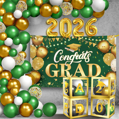 Graduation Decorations 2026 | Green and Gold - Pack of 76 | Congrats Grad Banner | Green Graduation Banner and Grad Balloon Boxes | Graduation Balloon Arch Kit 2026 Graduation Decorations, KatchOn
