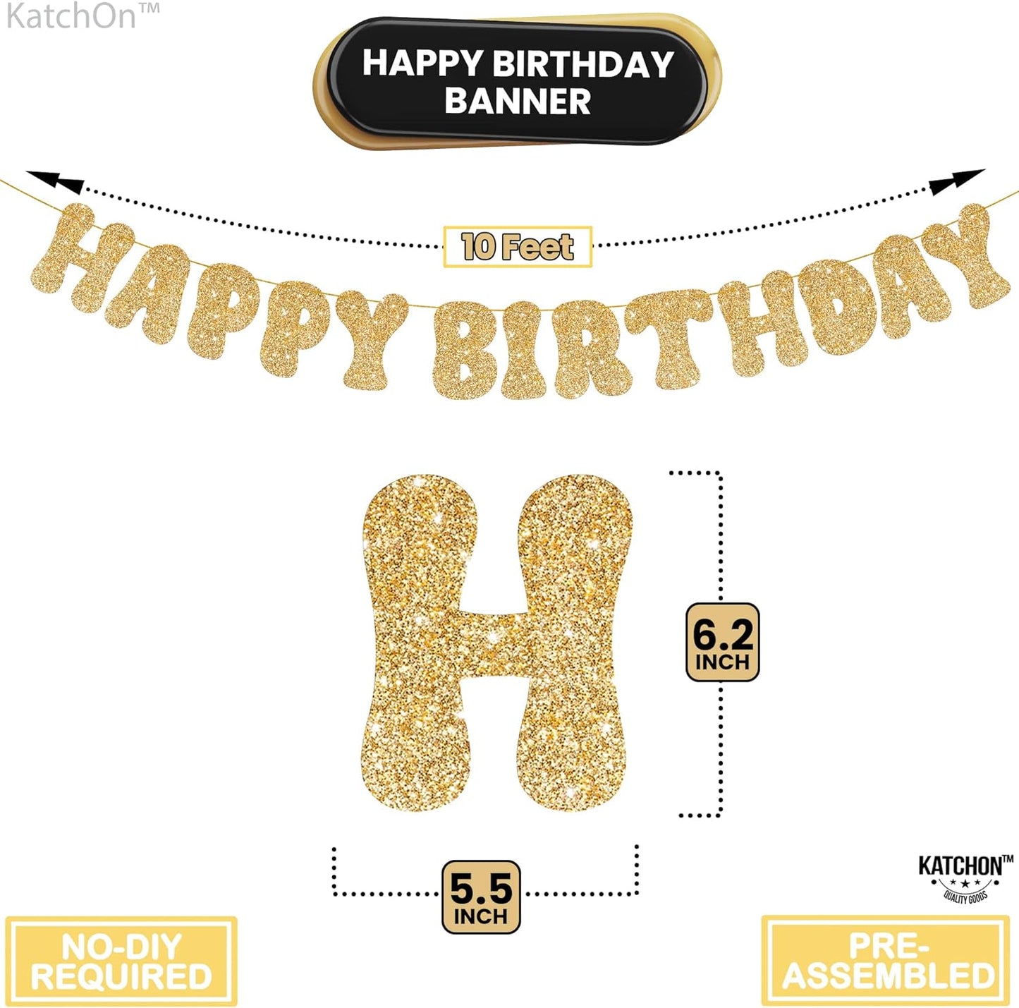 KatchOn, Glitter Gold Happy Birthday Banner Prestrung - 10 Feet | Gold Happy Birthday Sign | Gold Birthday Banner for Happy Birthday Decorations | Happy Birthday Gold Banner for Gold Birthday Decor