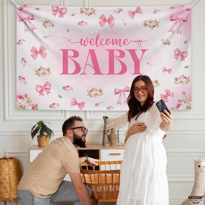 KatchOn, XtraLarge Welcome Baby Backdrop - 72x44 Inch Pink | Welcome Home Baby Girl Banner for Baby Shower & Gender Reveal Decorations