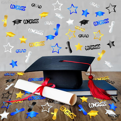 KatchOn, Congrats Grad Graduation Confetti Class of 2026 - Pack of 1300 | Black, Silver, Blue and Gold Confetti for Class of 2026 Decorations | Graduation Decorations 2026