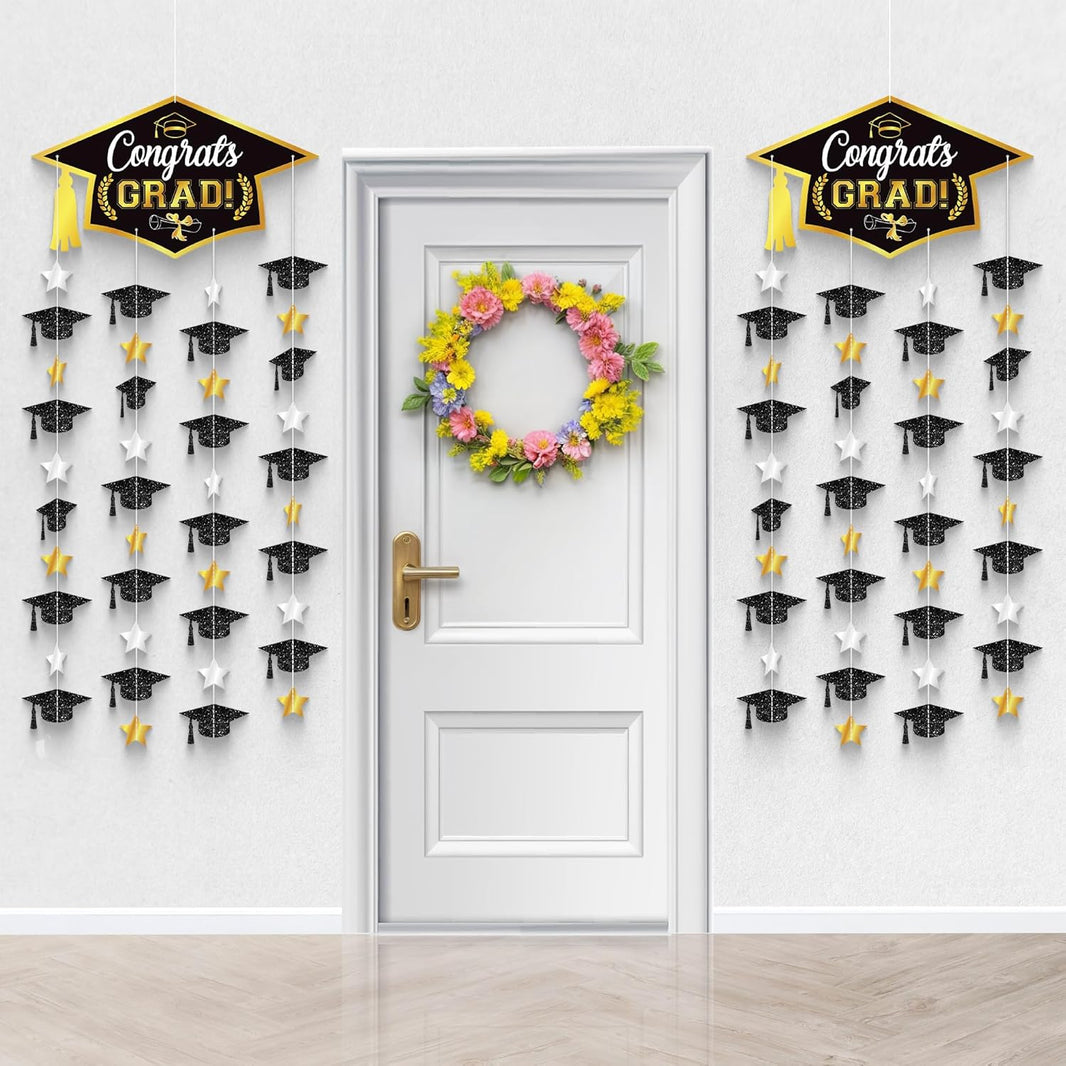KatchOn, Black and Gold Graduation Cap Garland - Pack of 2, No DIY | Congrats Grad Garlands for Grad Cap Decorations | Grad Party Decorations 2026 | Graduation Decorations 2026