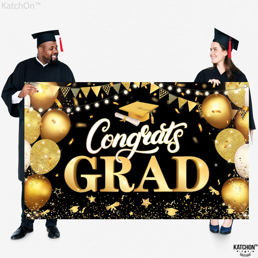 KatchOn, XtraLarge Congrats Grad Banner - 72x44 Inch, Congratulations Banner | Graduation Backdrop 2024, Black and Gold Graduation Decorations 2024 | Graduation Party Decorations 2024 Black and Gold