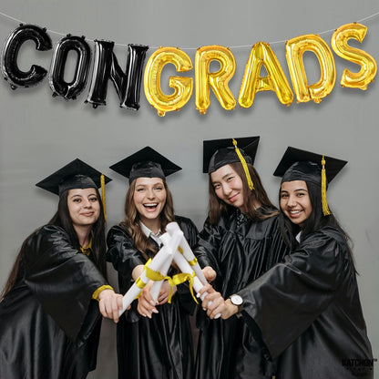 Black and Gold Congrats Balloons - 16 Inch, Graduation Balloons | Congrats Grad Foil Balloons for Graduation Decorations 2026 | Black and Gold Graduation Decorations | Congrats Grad Banner - KatchOn