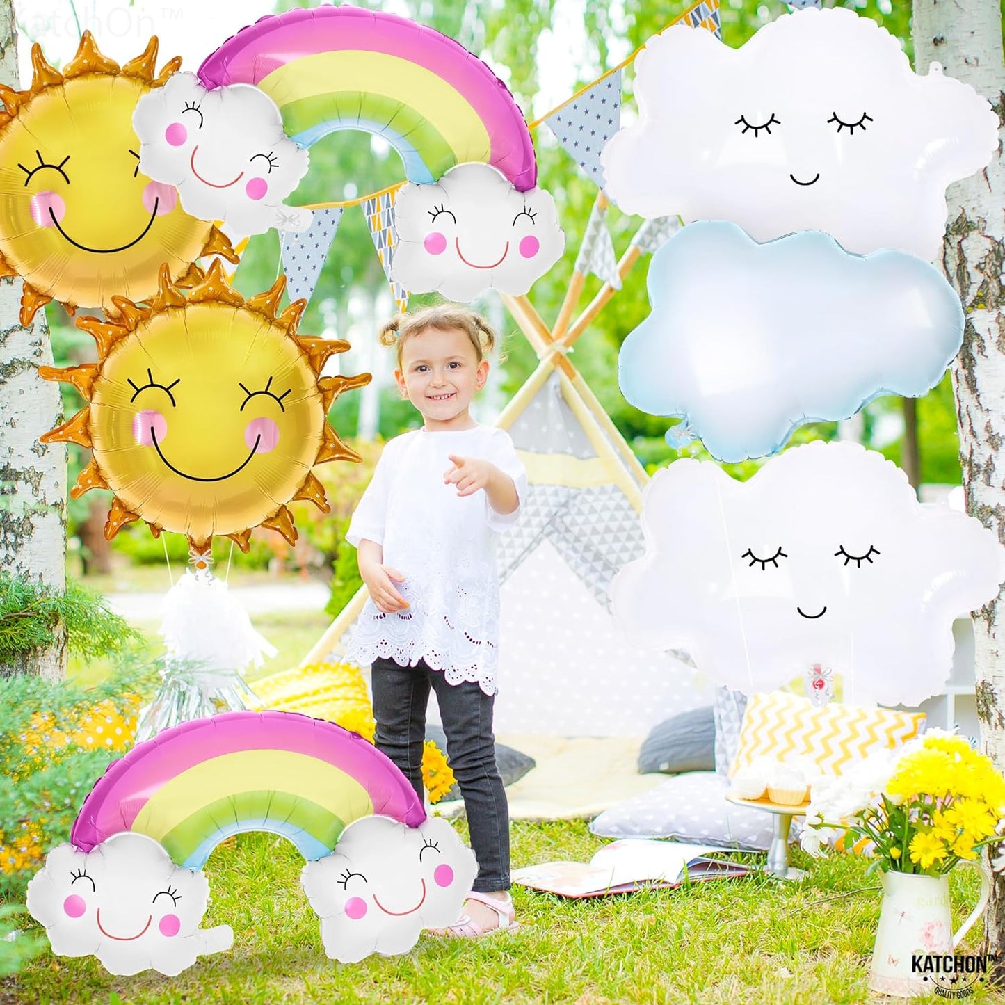 KatchOn, Rainbow, Sun and Clouds Party Balloons Set - 31 Inch, Pack of 7 | Big Rainbow Mylar Balloons, Cloud Balloons for Clouds Decorations | Sun Mylar Balloons for Canticos Birthday Decorations