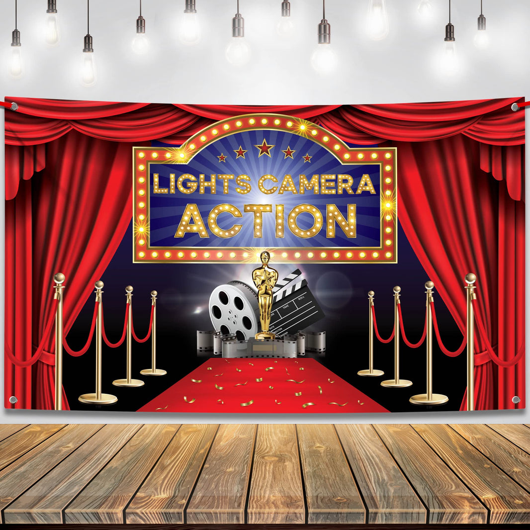 KatchOn, XtraLarge Lights Camera Action Backdrop - 72x44 Inch |Movie Theme Party Decoration | Hollywood Theme Party Decorations | Lights Camera Action Decorations | Hollywood Movie Night Backdrop