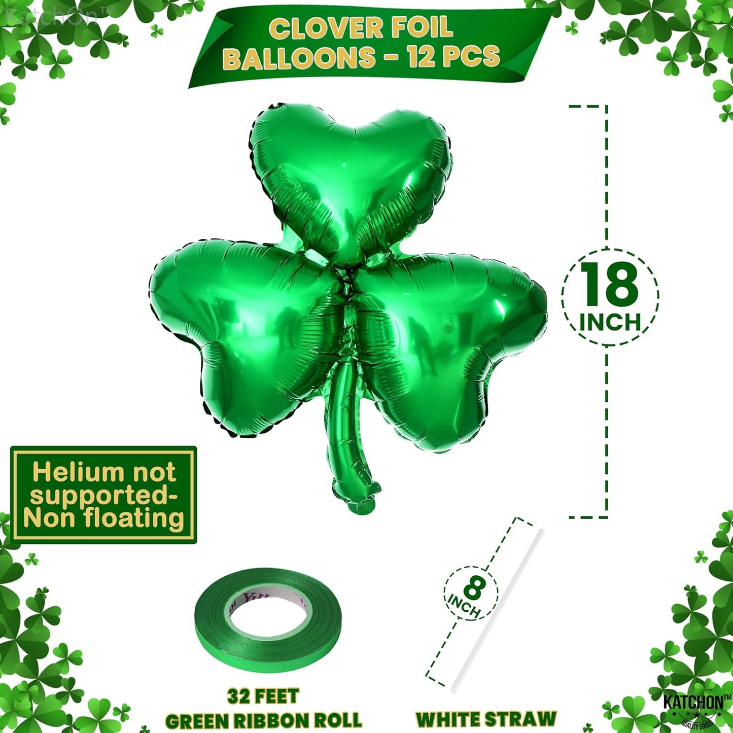 KatchOn, 12 Pcs St Patricks Day Shamrock Balloons - 18 Inch, Shamrock Decorations | Lucky Clover Balloons for St Patricks Day Decorations | Shamrock Mylar Balloons for St Patricks Day Balloon Arch Kit