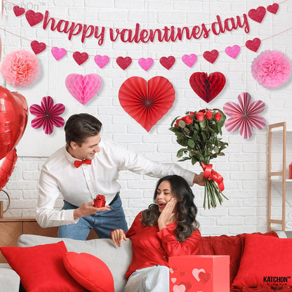 KatchOn, Happy Valentines Banner Set - Pack of 9 | Glitter Valentines Banner, 10 Feet | Heart Garland, Honeycomb Valentines Decorations | Hanging Honeycomb Hearts, Pink Valentines Decorations