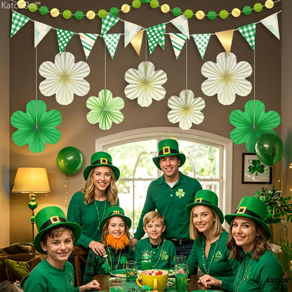 KatchOn, St Patricks Day Hanging Decorations Set - Pack of 9 | 13 Feet, St Patricks Day Garland, Shamrock Paper Fan for St Patricks Day Decorations | Shamrock Garland for Shamrock Decorations